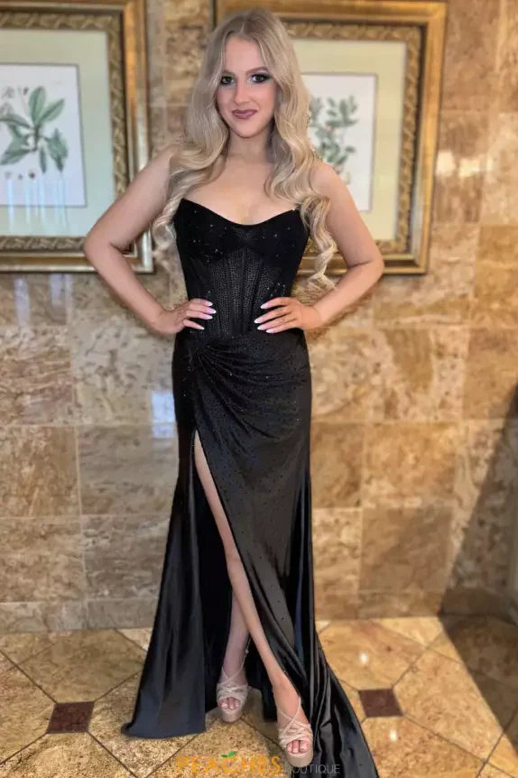 Gorgeous Gold Mermaid Strapless Long Beaded Prom Dress With High Slit