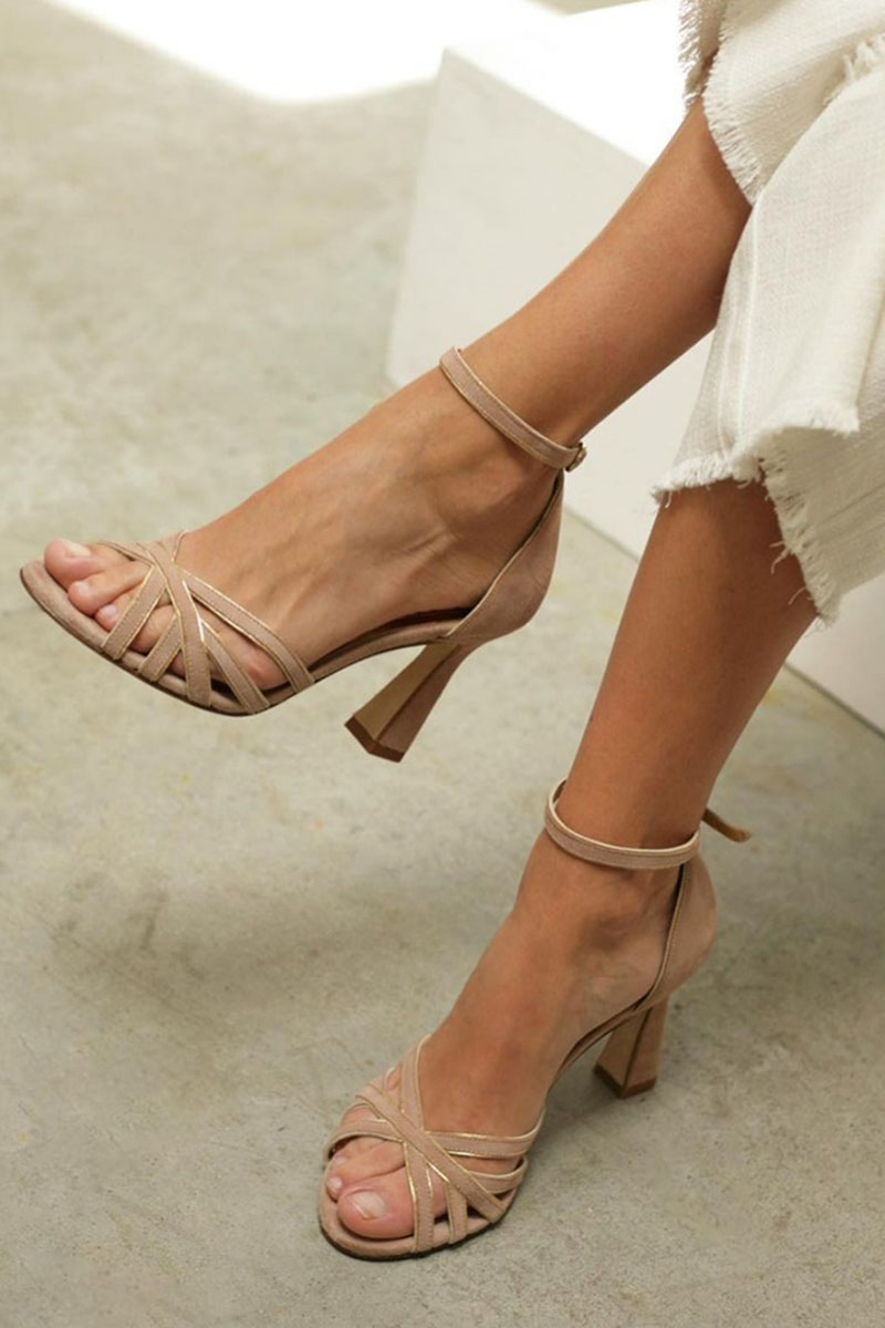 Open Toe Ankle Strap Strappy Flared Block Heel Sandals