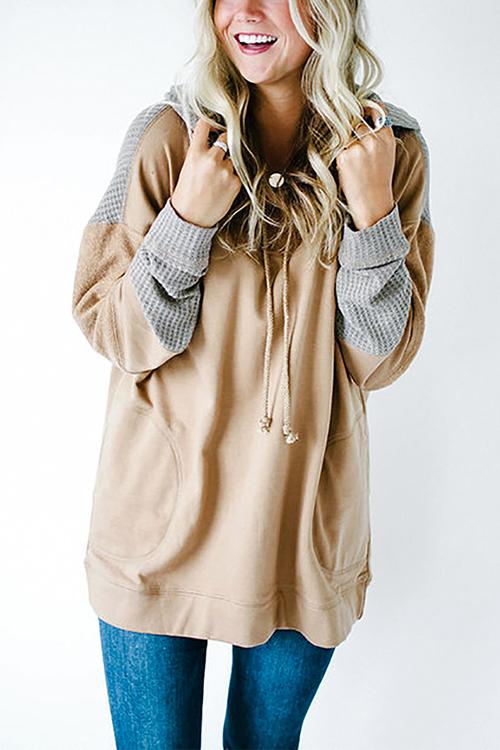 Patchwork Drawstring Pockets Hoodie