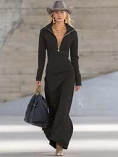 Knit Collared Long Sleeve Zip Front Maxi Dress 5