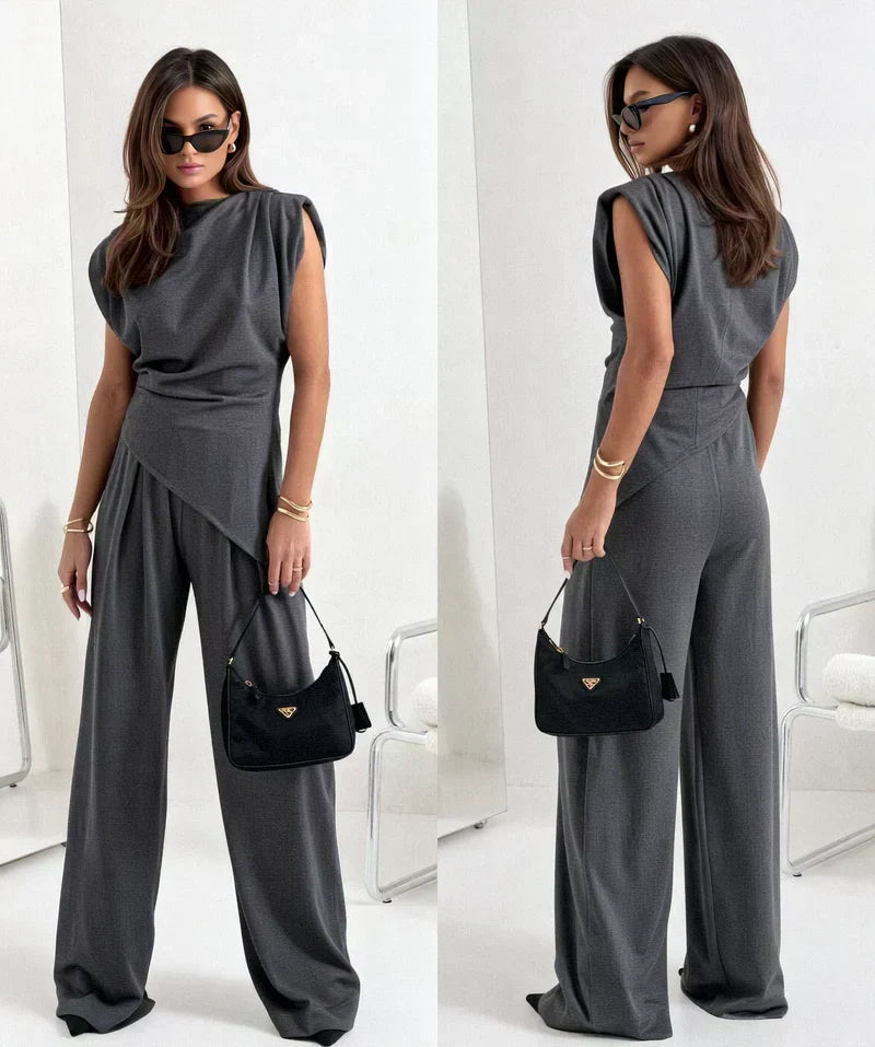 Sleeveless Ruched Top and Wide Leg Pants Two Piece Set