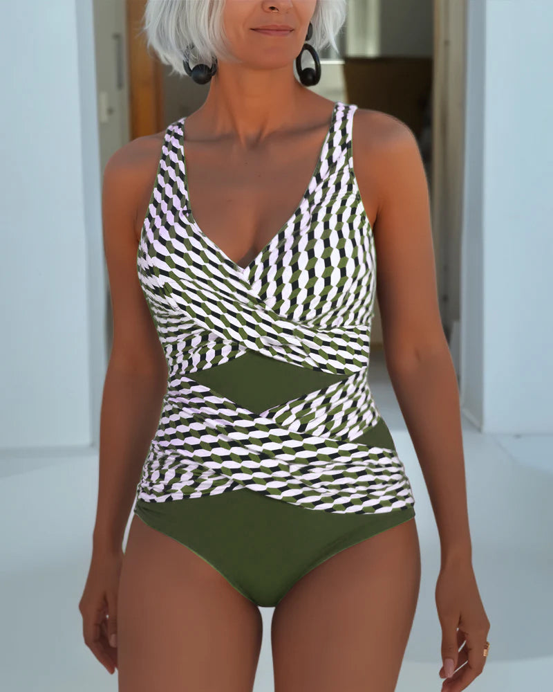 V-Neck Cross Wrap Cut Out Printed One Piece Swimsuit