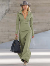 Knit Collared Long Sleeve Zip Front Maxi Dress 7