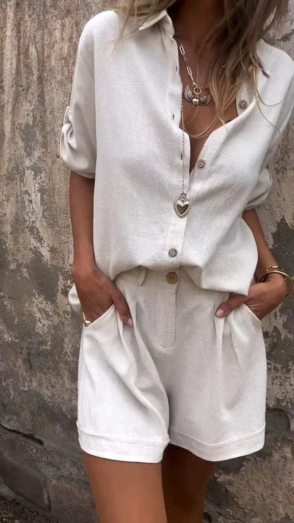 Collared Button Front Shirt and Shorts Two Piece Set