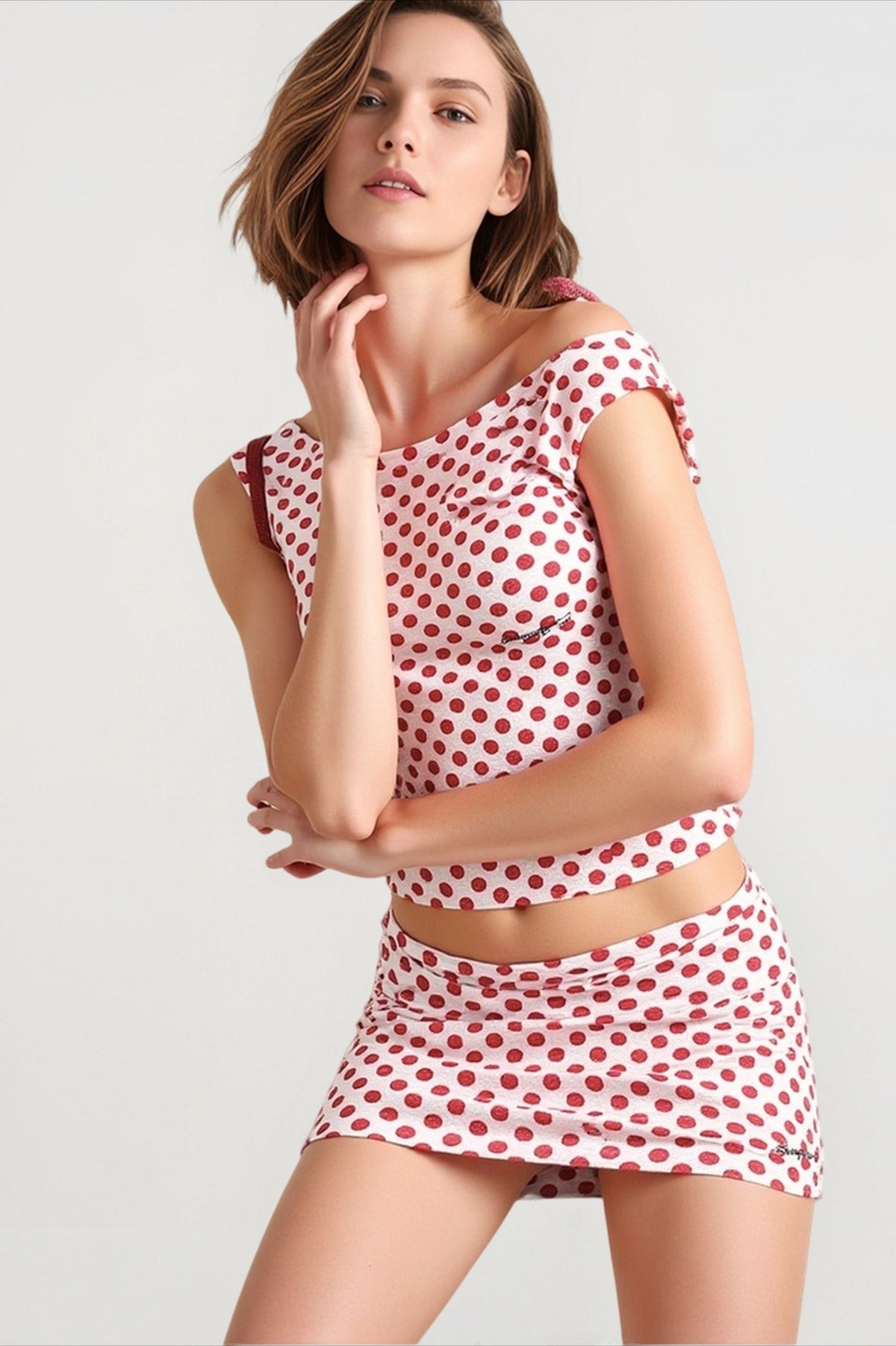 Polka Dot Boat Neck Cap Sleeve Crop Top and Mini Skirt Two Piece Set