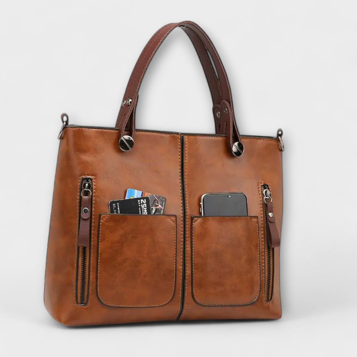 Dual Handle Multi Pocket Faux Leather Tote Bag
