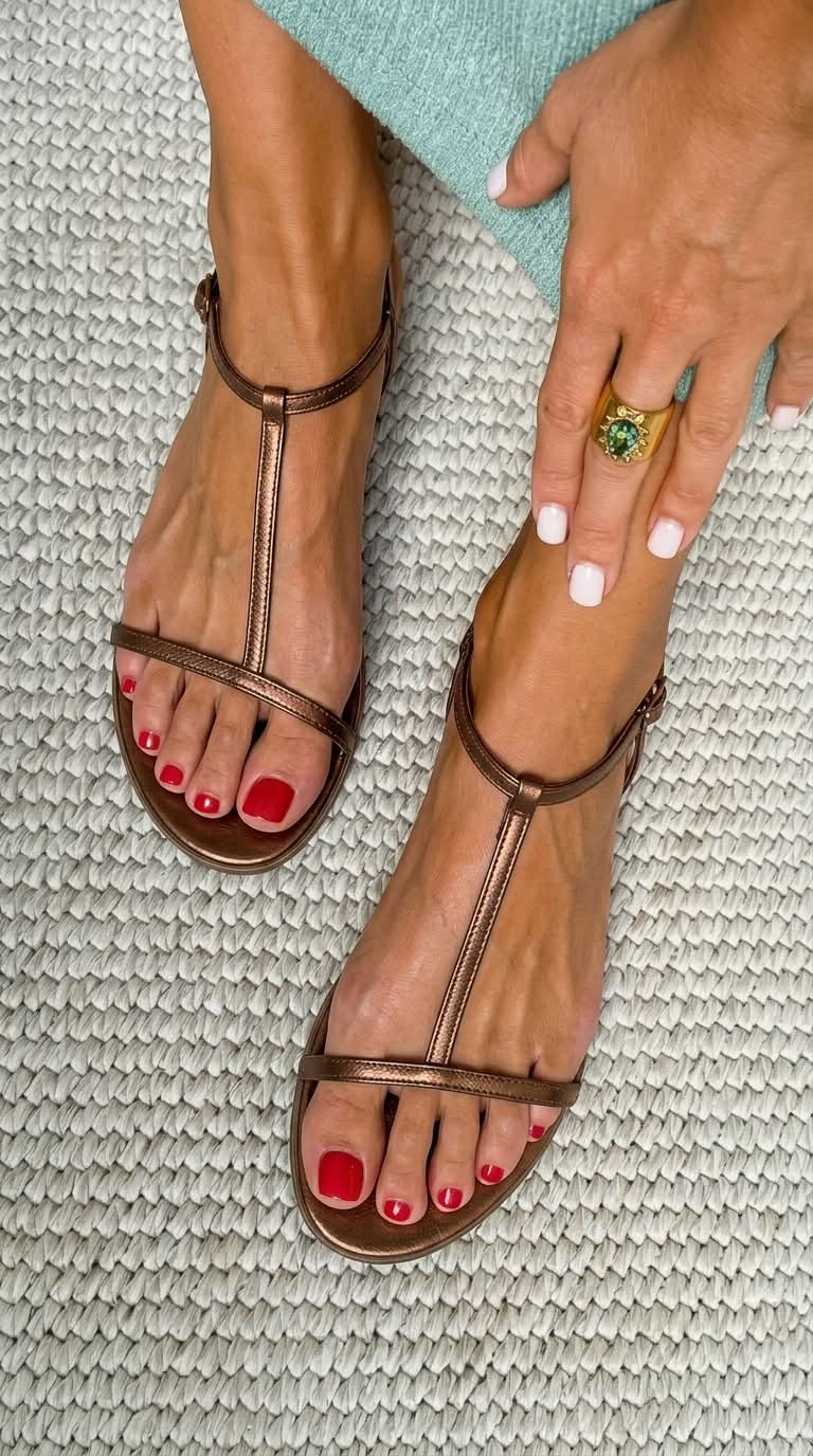 Metallic T Strap Ankle Buckle Flat Sandals