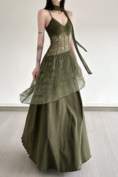 Lace Trim Sheer Waist Tie Cami Maxi Lace Dress 3