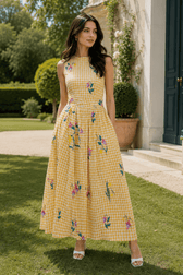 Vintage Heavy Floral Embroidery Tie Waist Sleeveless Long Floral Dress