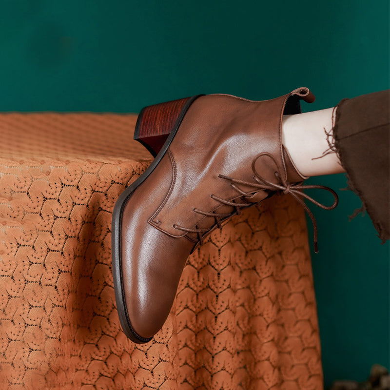 High Heel Boots Side Zip Cowhide Leather Ankle Boots Soft Walking Short Boots Brown/Black