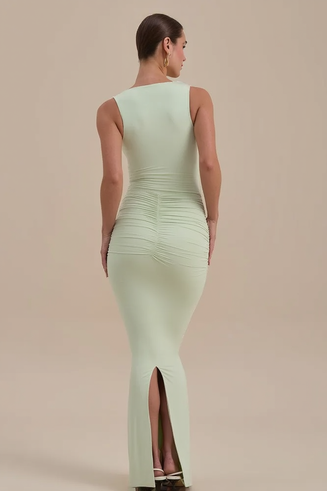 Sleeveless V Neck Ruched Back Slit Bodycon Party Dress
