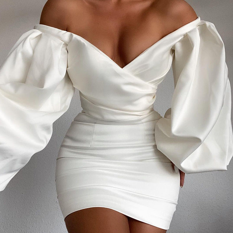 Satin Off Shoulder Surplice Neck Puff Sleeve Bodycon Mini Dress 5