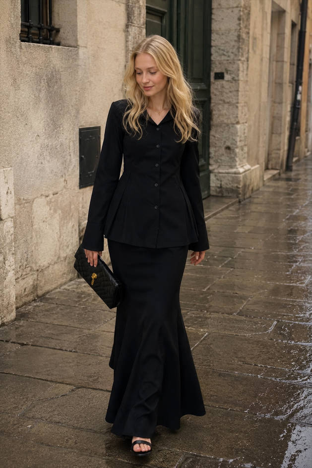 Long Sleeve Button Front Peplum Shirt and Mermaid Maxi Skirt Two Piece Set 2