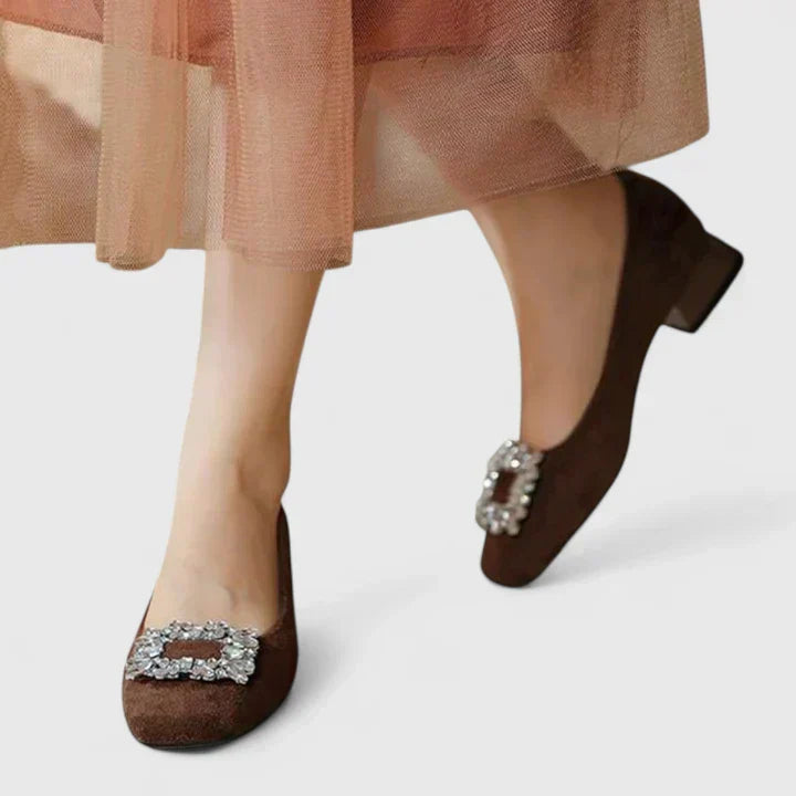 Pointed Toe Rhinestone Buckle Block Heel Pumps