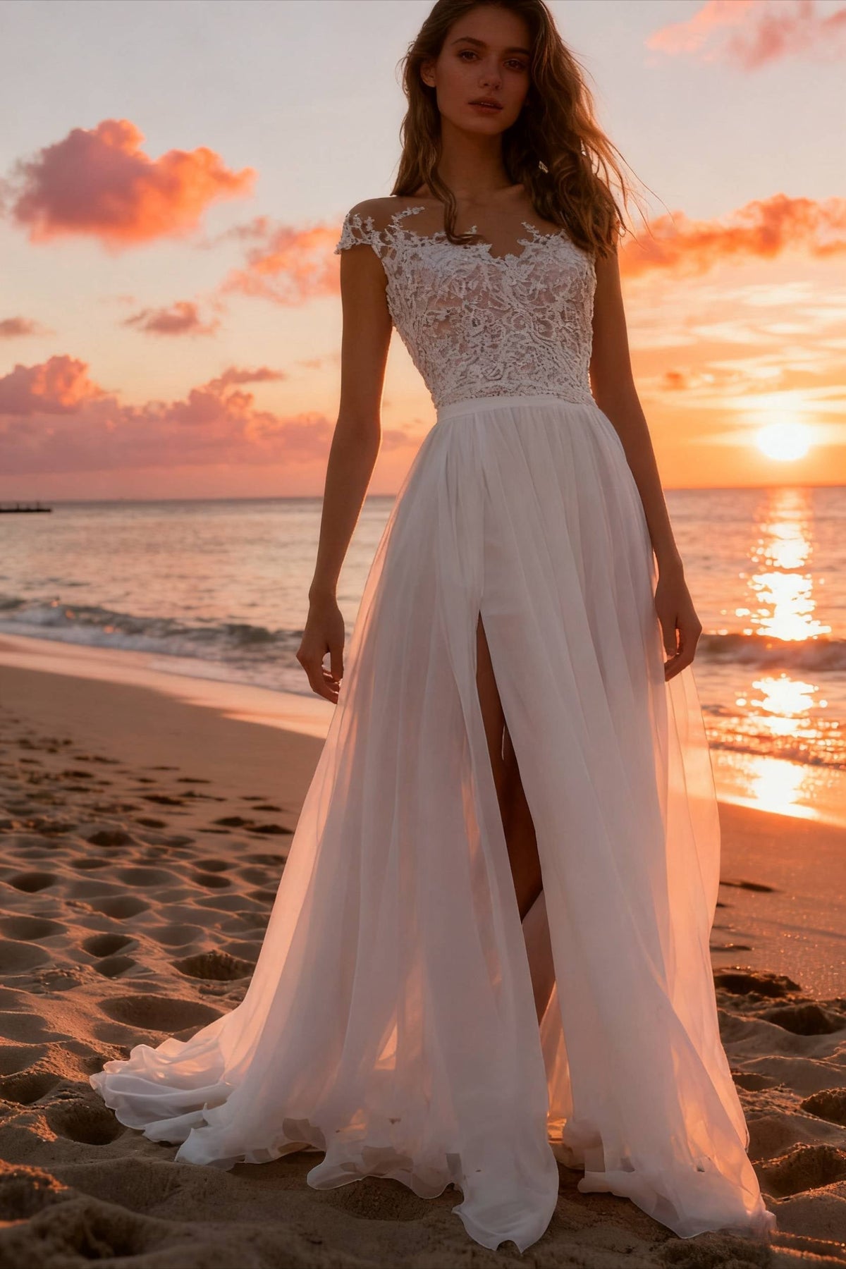 Lace Bodice Cap Sleeve High Split Chiffon Maxi Dress