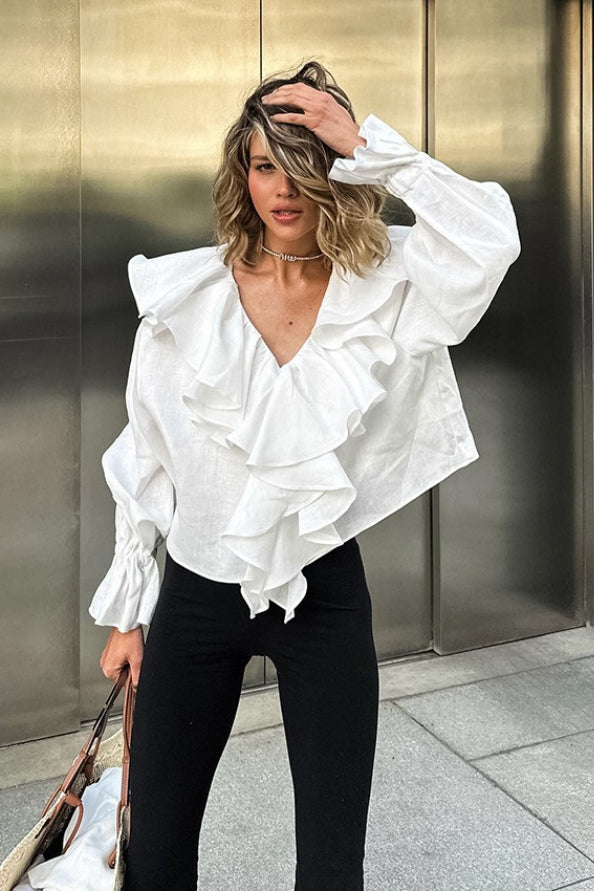 Deep V-Neck Ruffle Front Gathered Cuff Long Sleeve Linen Look Blouse
