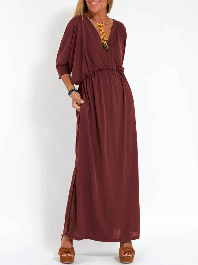 Deep V-Neck Batwing Pocket Maxi Dress 9