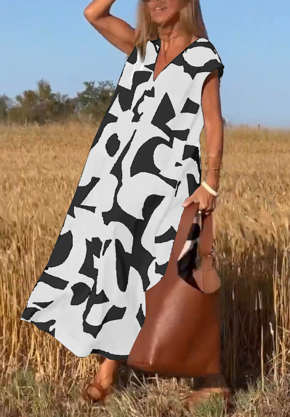 Geometric Print V-Neck Cap Sleeve Split Maxi Dress 5