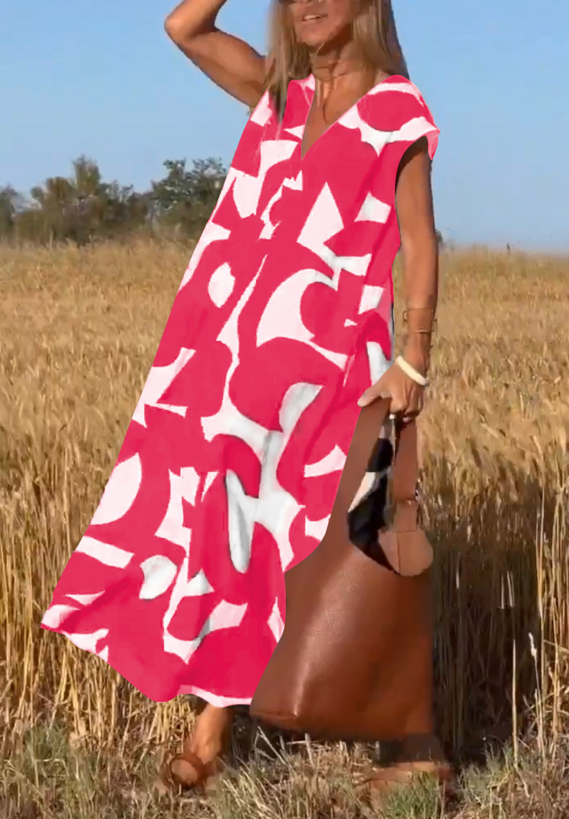 Geometric Print V-Neck Cap Sleeve Split Maxi Dress 7