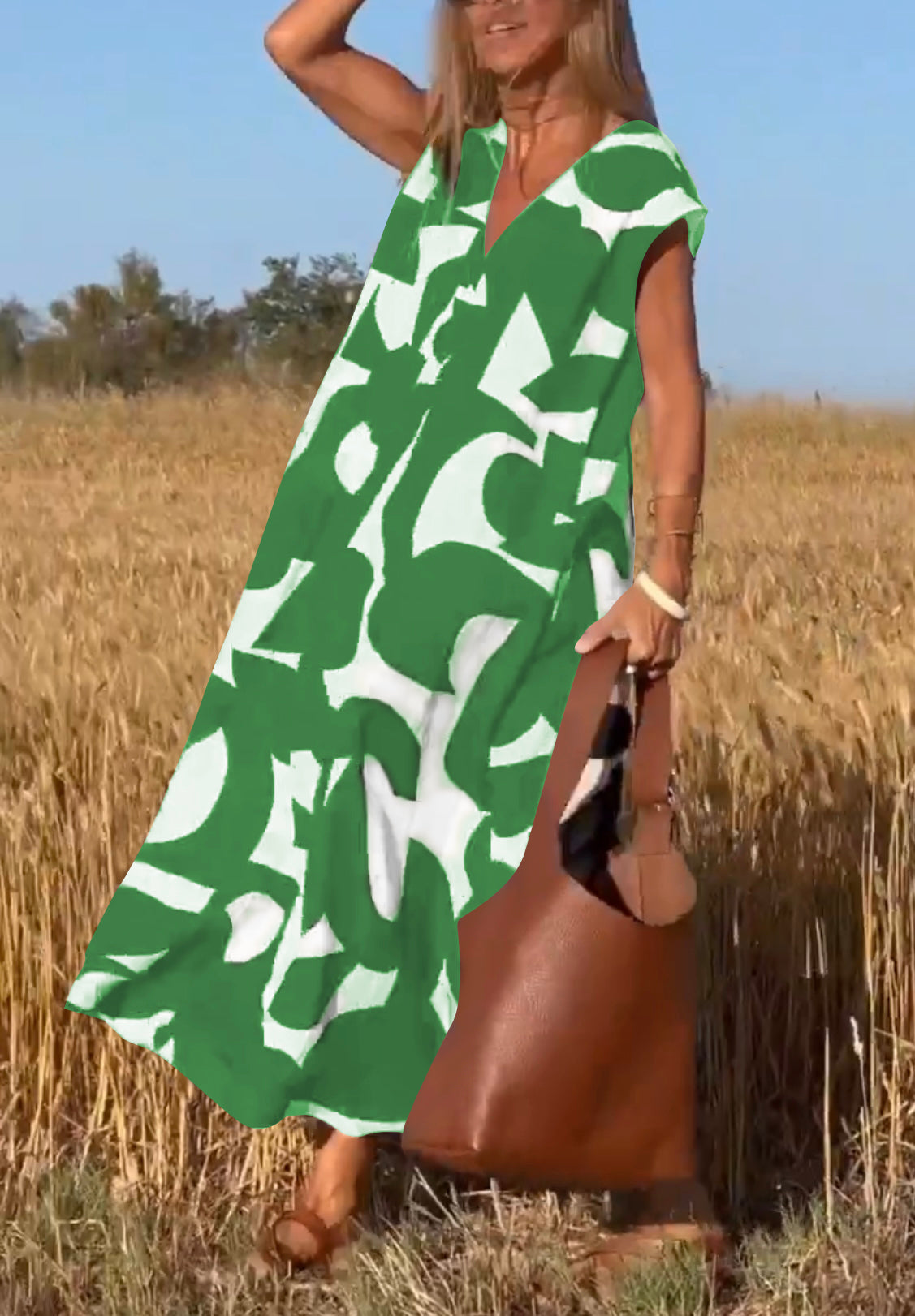 Geometric Print V-Neck Cap Sleeve Split Maxi Dress 8