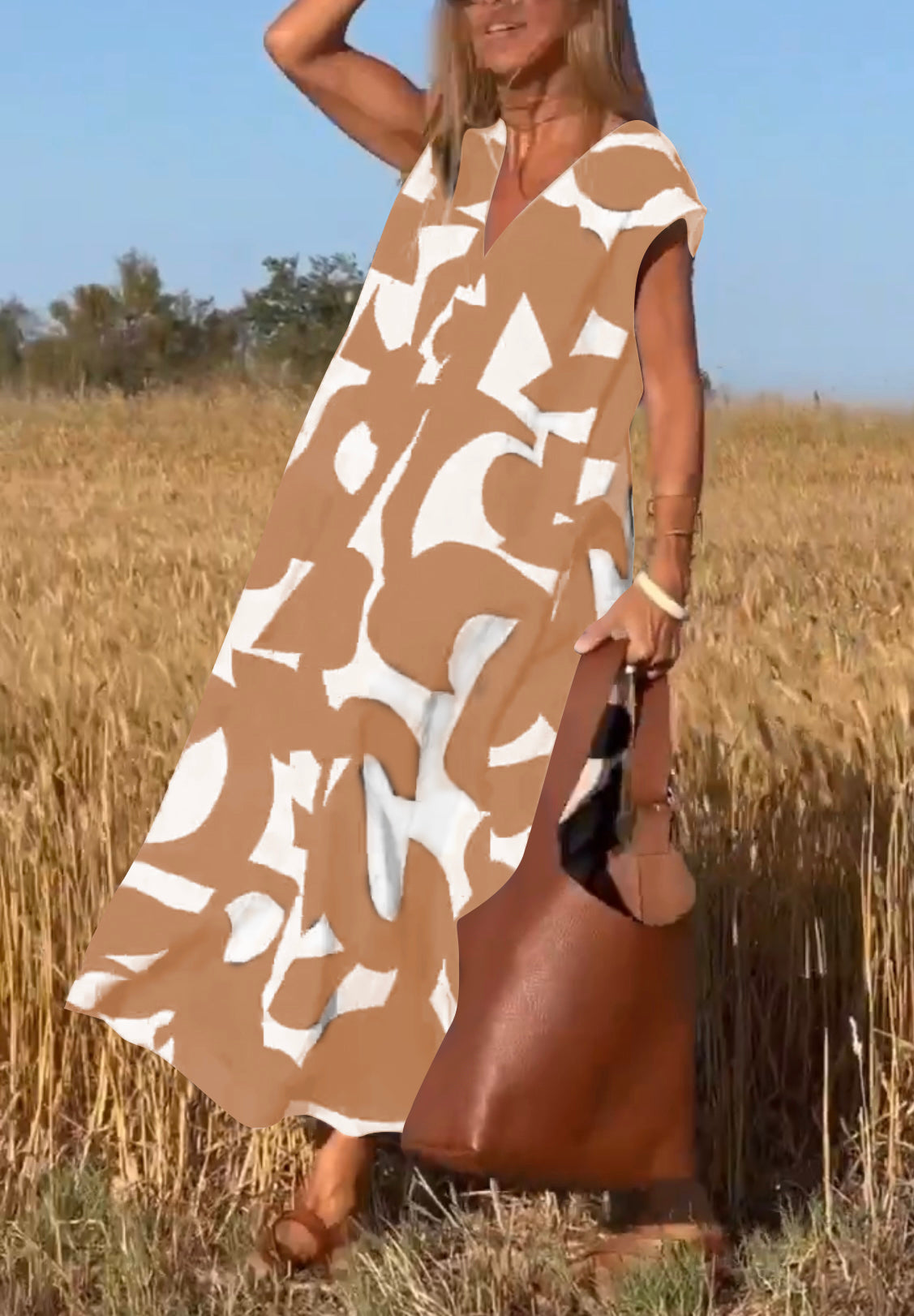 Geometric Print V-Neck Cap Sleeve Split Maxi Dress 6