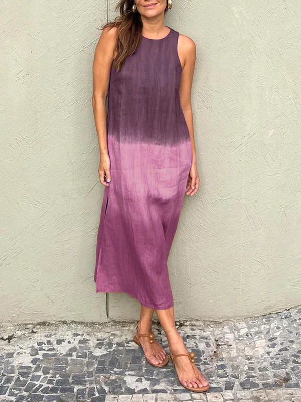 Melanie Minimalist Sleeveless Cotton and Linen Long Dress with Slit and Gradient Tie Dye Boutique Collection