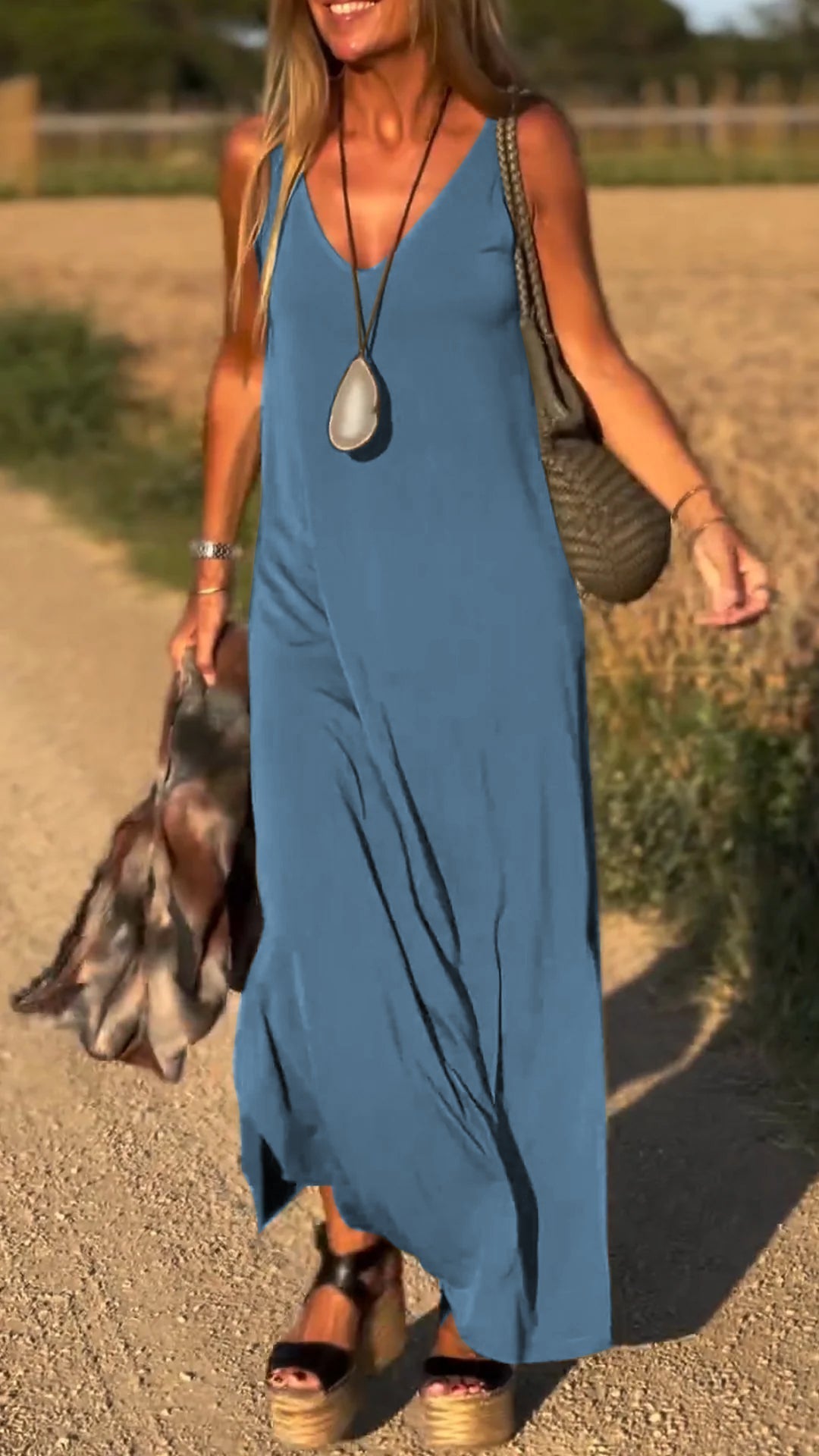 V-Neck Spaghetti Strap Side Slit Loose Maxi Dress 6
