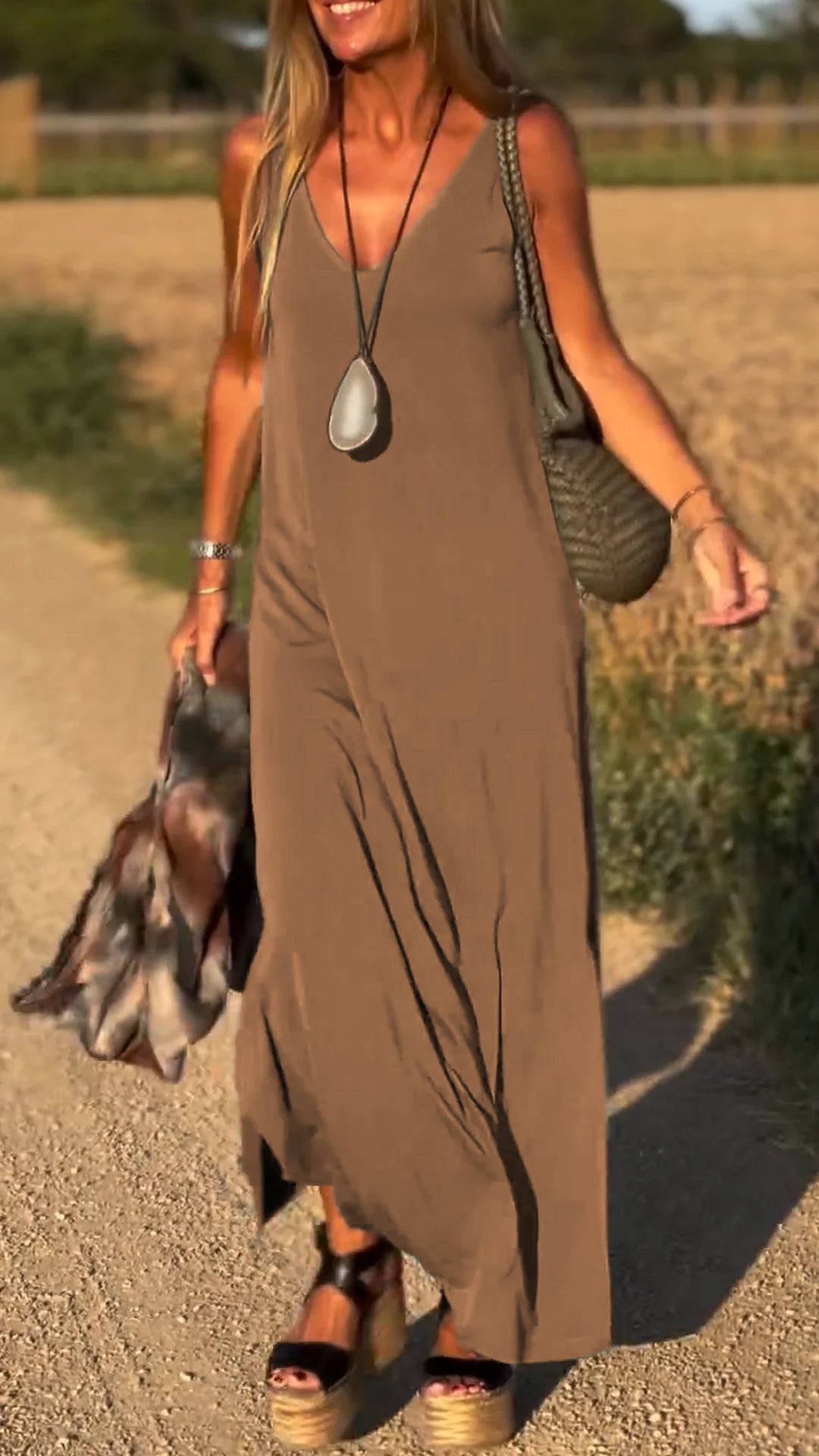 V-Neck Spaghetti Strap Side Slit Loose Maxi Dress 9