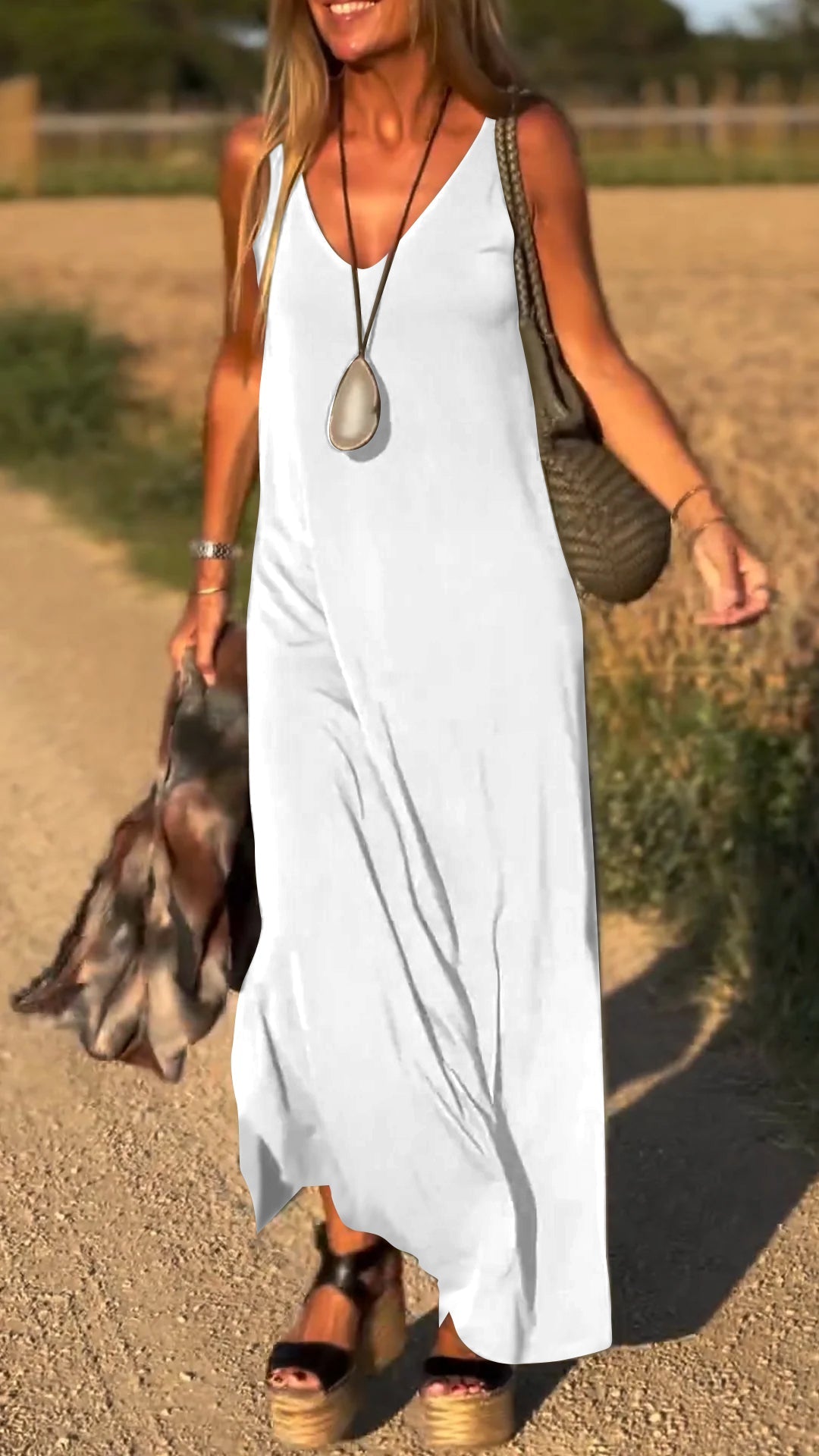 V-Neck Spaghetti Strap Side Slit Loose Maxi Dress 10