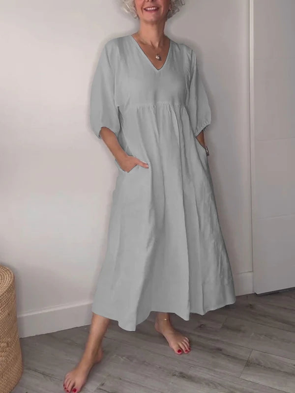 Linen V-Neck Puff Sleeve Pocket Midi Dress 5