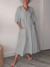 Linen V-Neck Puff Sleeve Pocket Midi Dress 5