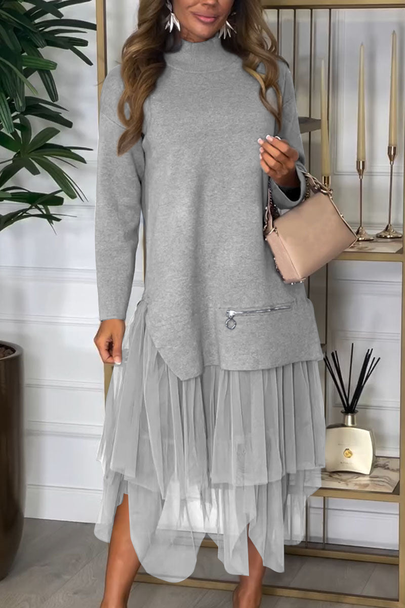 High Neck Long Sleeve Mesh Tiered Faux Two Piece Midi Dress