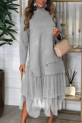 High Neck Long Sleeve Mesh Tiered Faux Two Piece Midi Dress
