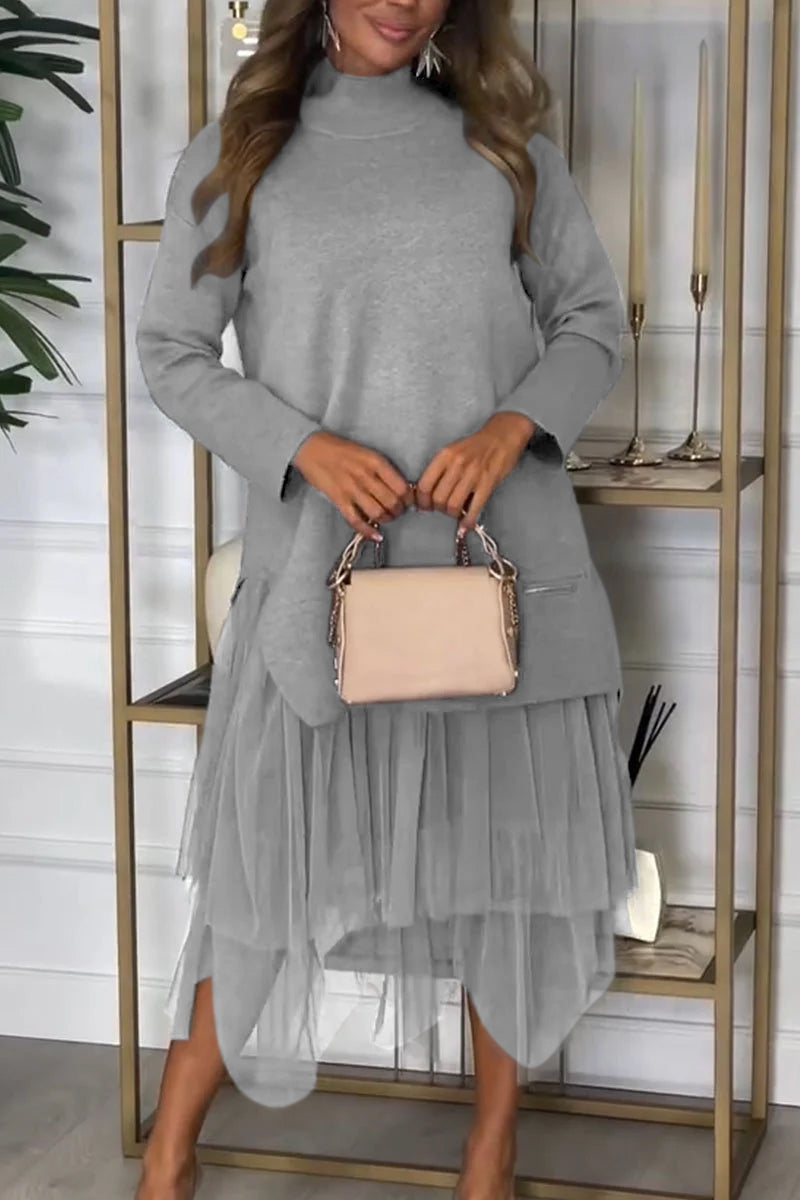 High Neck Long Sleeve Mesh Tiered Faux Two Piece Midi Dress 3