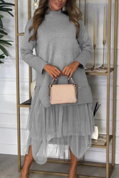 High Neck Long Sleeve Mesh Tiered Faux Two Piece Midi Dress 3