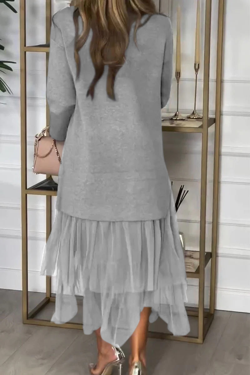 High Neck Long Sleeve Mesh Tiered Faux Two Piece Midi Dress 2