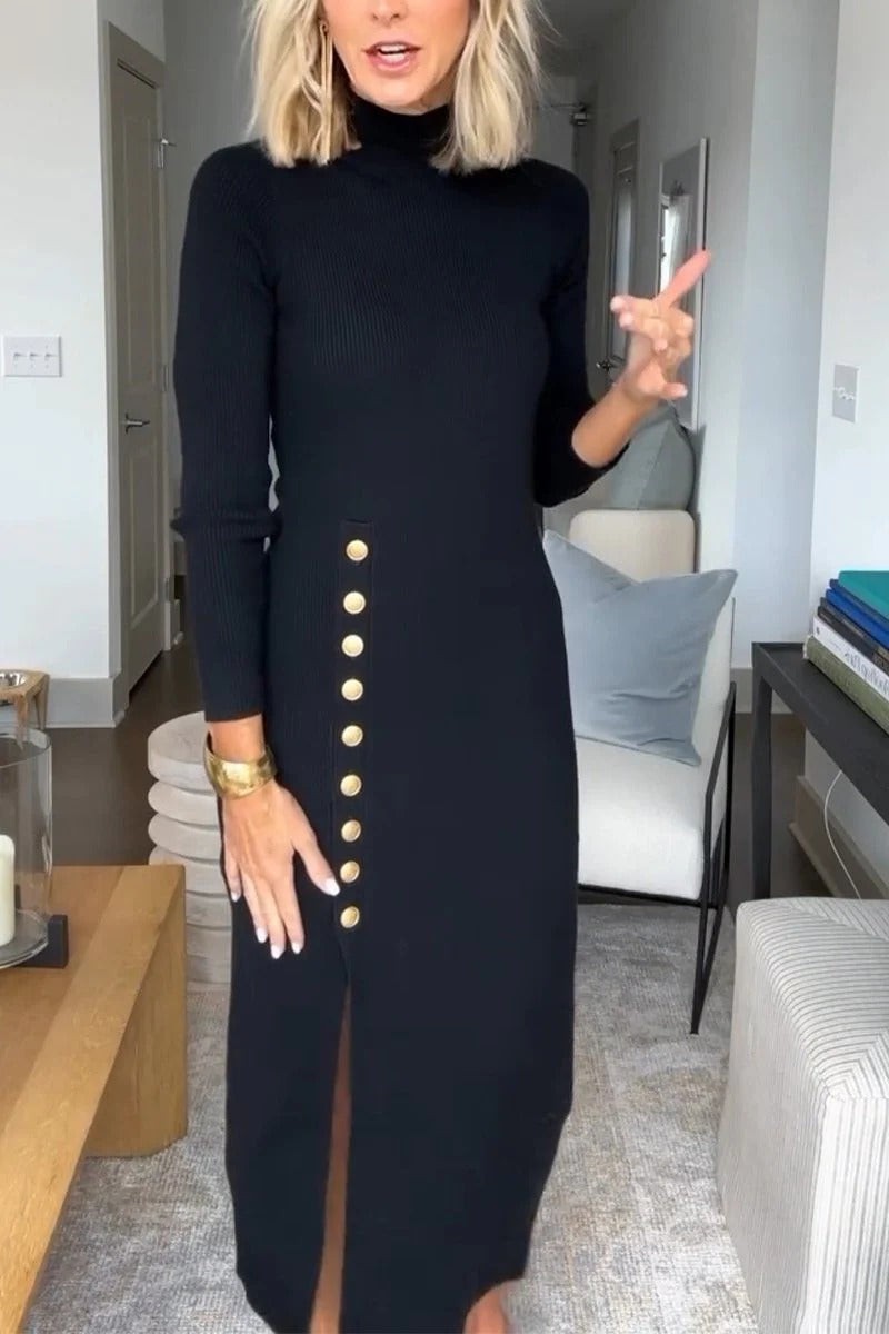 High Neck Long Sleeve Slit Bodycon Knit Midi Dress 3