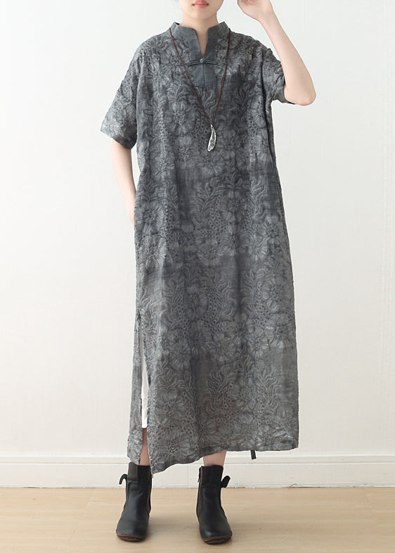 Floral Damask Mandarin Collar Short Sleeve Toggle Button Oversized Maxi Dress