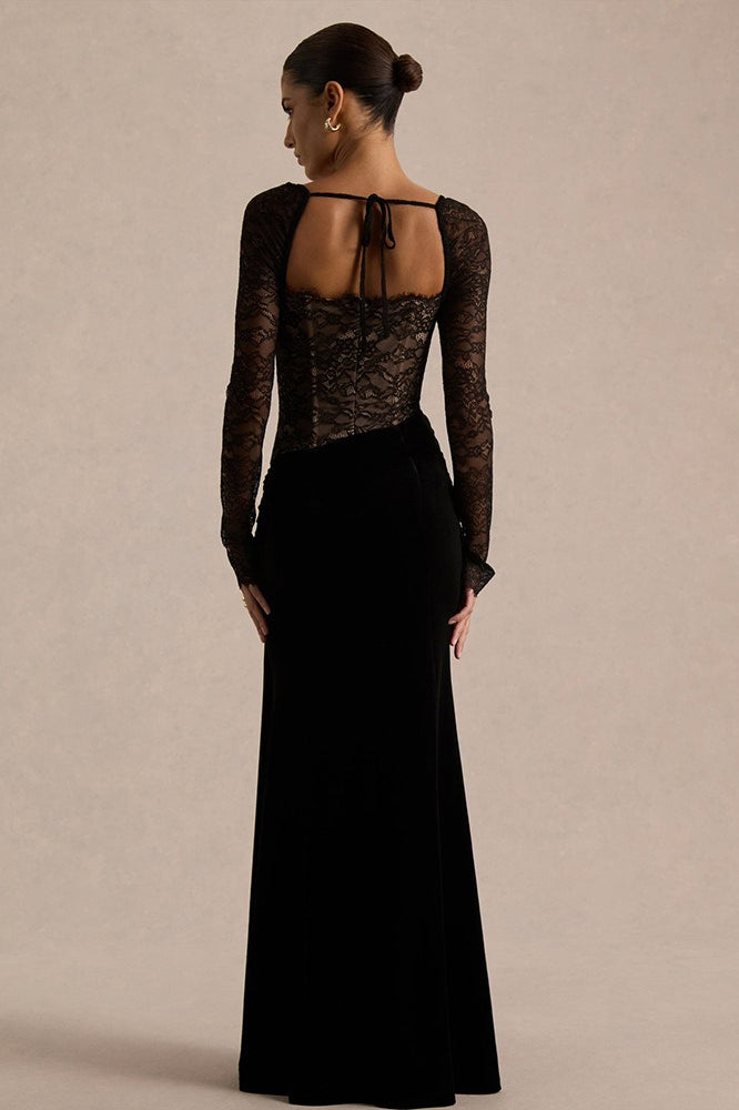 Lace Panel High Slit Long Sleeve Maxi Lace Dress