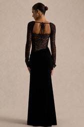 Lace Panel High Slit Long Sleeve Maxi Lace Dress
