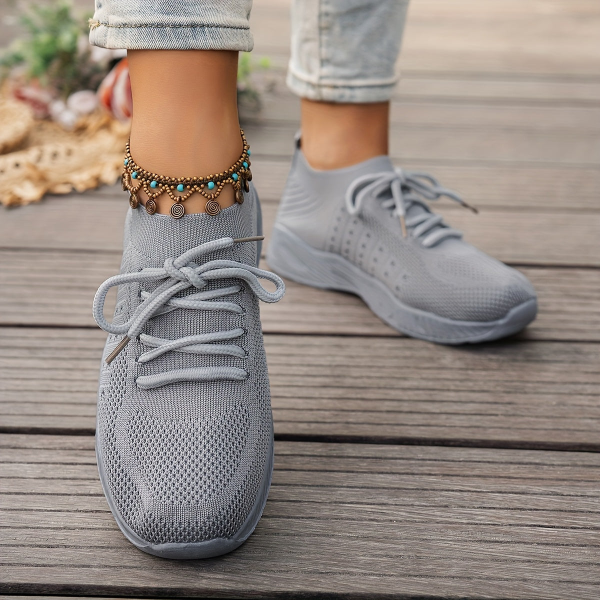 Knit Mesh Lace Up Thick Sole Sneakers