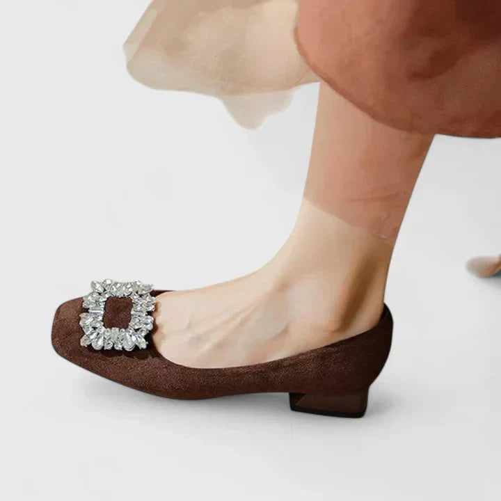 Pointed Toe Rhinestone Buckle Block Heel Pumps
