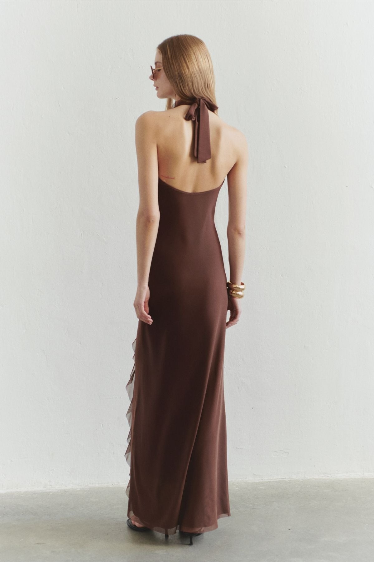Chiffon Halter Deep V-Neck Ruffle Trim Backless Slip Maxi Dress
