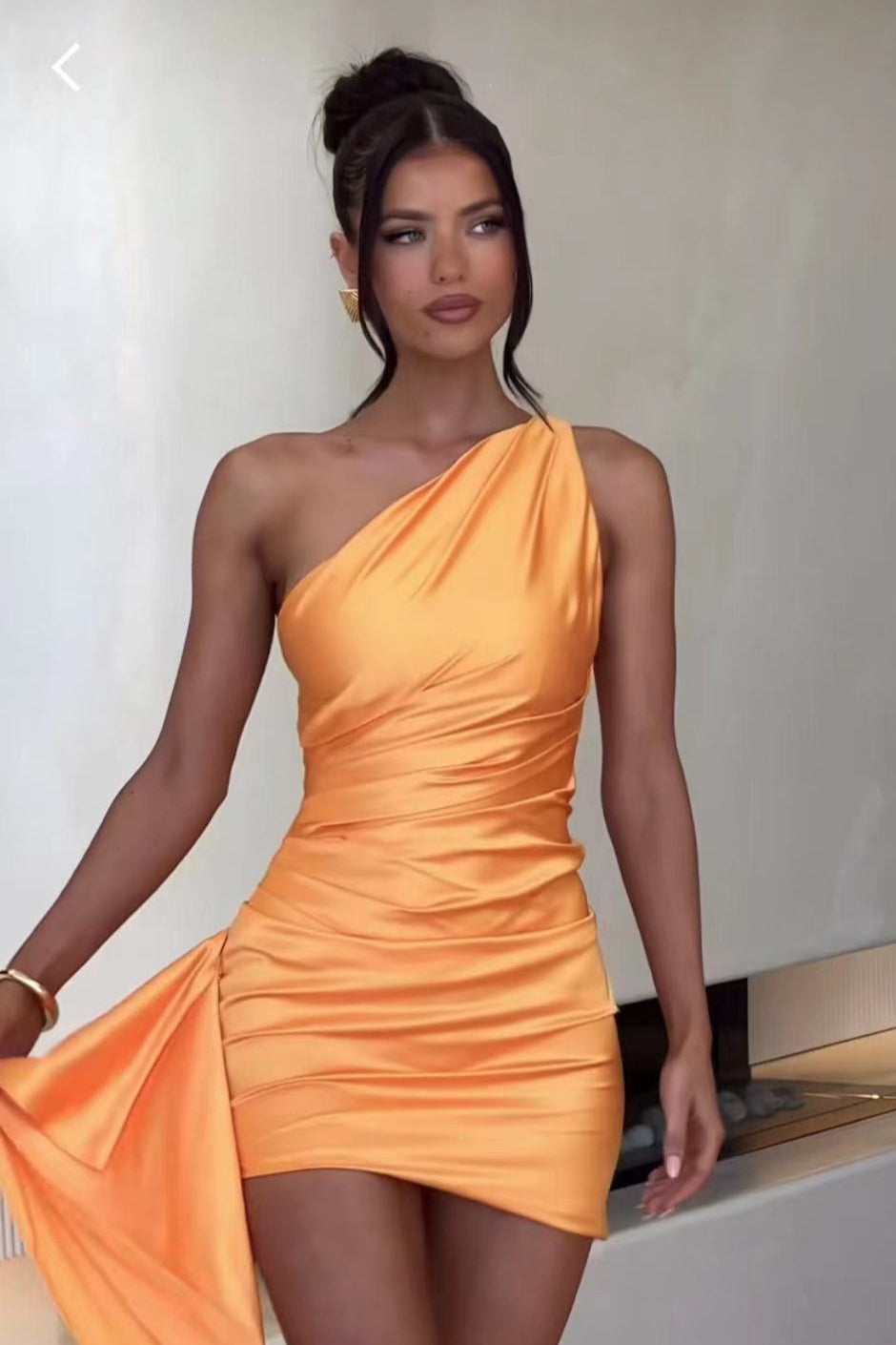 Satin One Shoulder Ruched Side Train Bodycon Cocktail Mini Dress