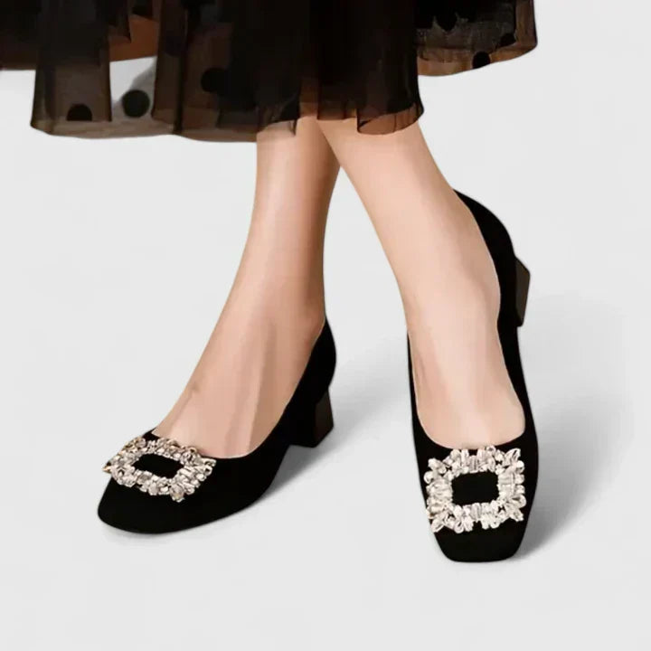 Pointed Toe Rhinestone Buckle Block Heel Pumps
