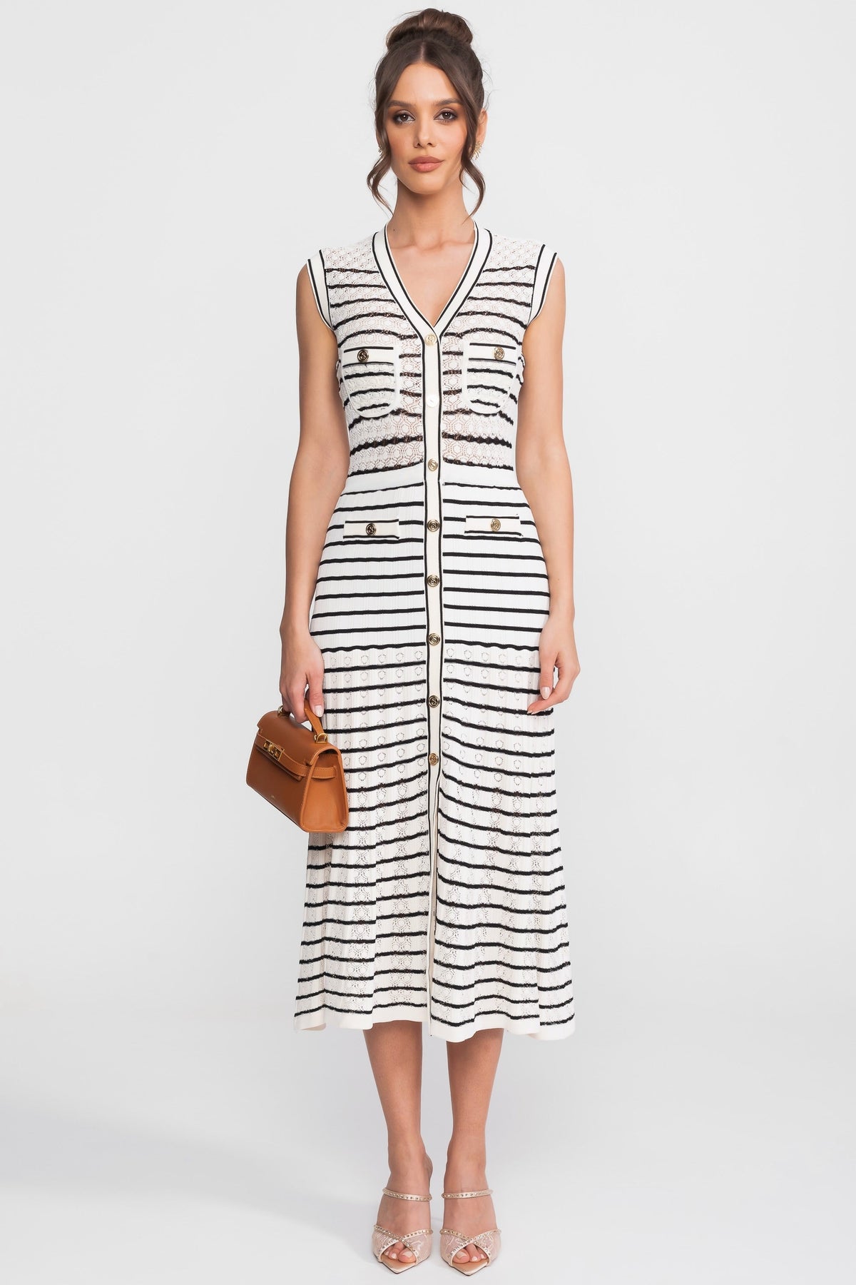 Striped Knit V-Neck Sleeveless Button Front Pocket Midi Dress