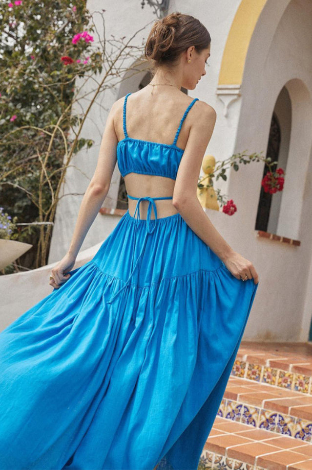 Spaghetti Strap Ruched Bodice Keyhole Tiered Maxi Dress 3