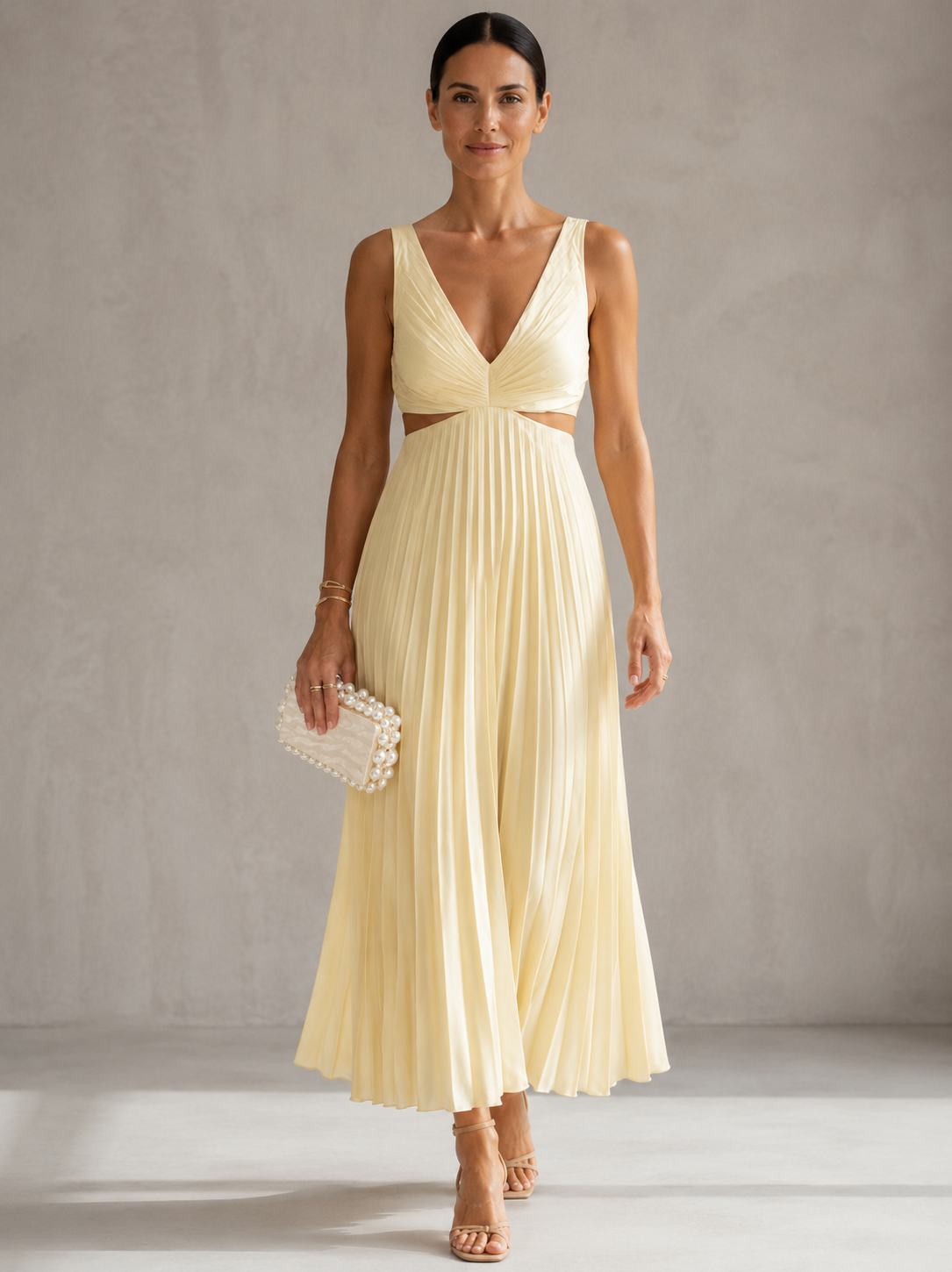 Deep V-Neck Cut Out Waist Pleated Midi Dress