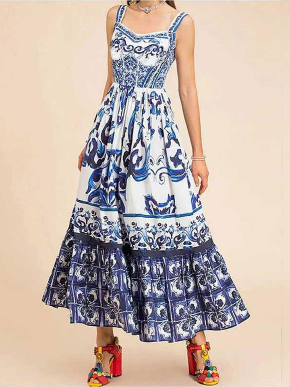 Printed Shirred Strap Maxi Dress Blue