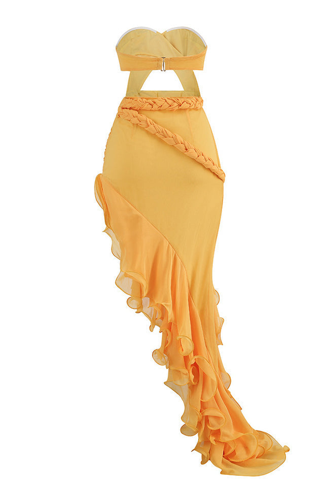 Strapless Twist Front Cut Out Braided Trim Ruffle High Low Gown 8
